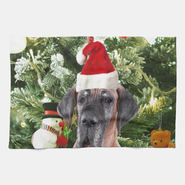 Great Dane w Christmas Tree Gift Boxes Santa Hat Tea Towel (Horizontal)