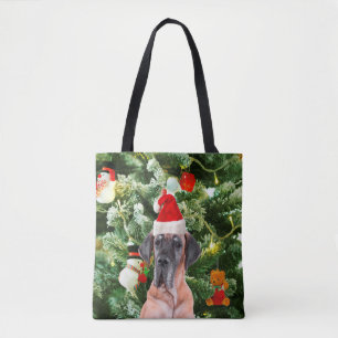 Great Dane w Christmas Tree Gift Boxes Santa Hat Tote Bag