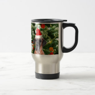Great Dane w Christmas Tree Gift Boxes Santa Hat Travel Mug