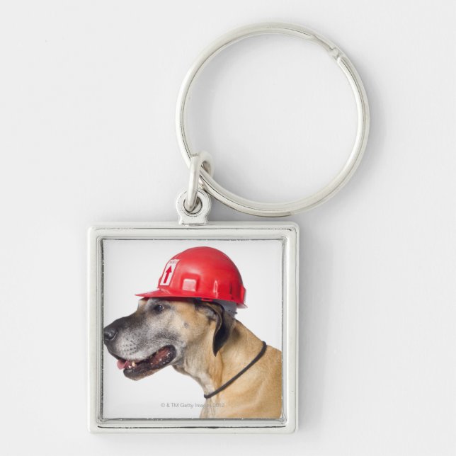 Great Dane wearing a red construction helmet Key Ring (Front)
