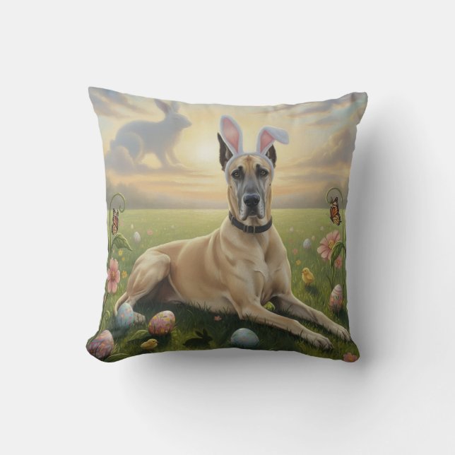 Great Dane Wearing Bunny Ears Easter Spring Meadow Cushion (Front)