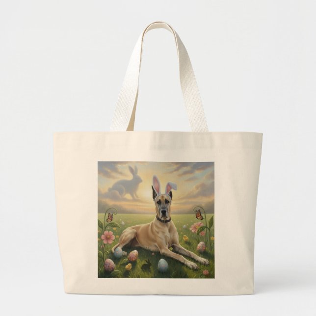Great Dane Wearing Bunny Ears Easter Spring Meadow Large Tote Bag (Front)