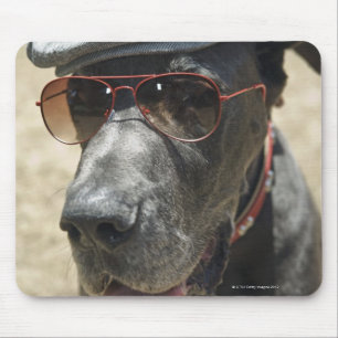 Great Dane wearing hat and sunglasses Mouse Mat