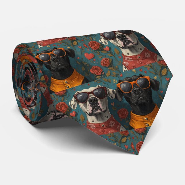 Great Dane With Heart Roses Valentine's Day Tie (Rolled)