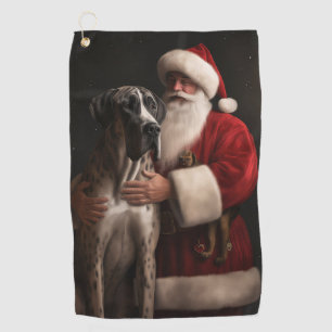 Great Dane With Santa Claus Festive Christmas Golf Towel
