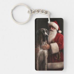 Great Dane With Santa Claus Festive Christmas Key Ring