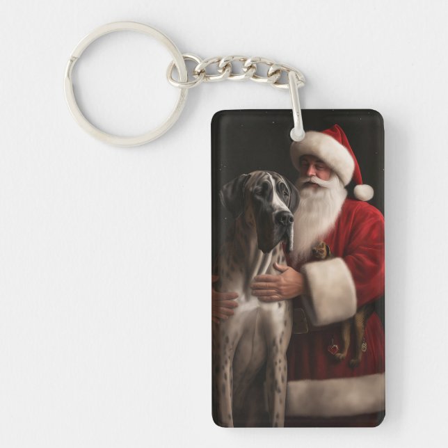 Great Dane With Santa Claus Festive Christmas  Key Ring (Front)