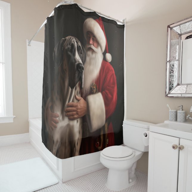 Great Dane With Santa Claus Festive Christmas  Shower Curtain (In Situ)