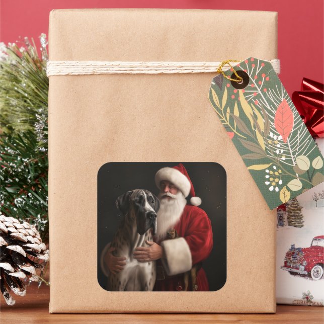 Great Dane With Santa Claus Festive Christmas  Square Sticker (Holiday)