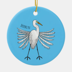 Great egret bird cartoon illustration  ceramic tree decoration