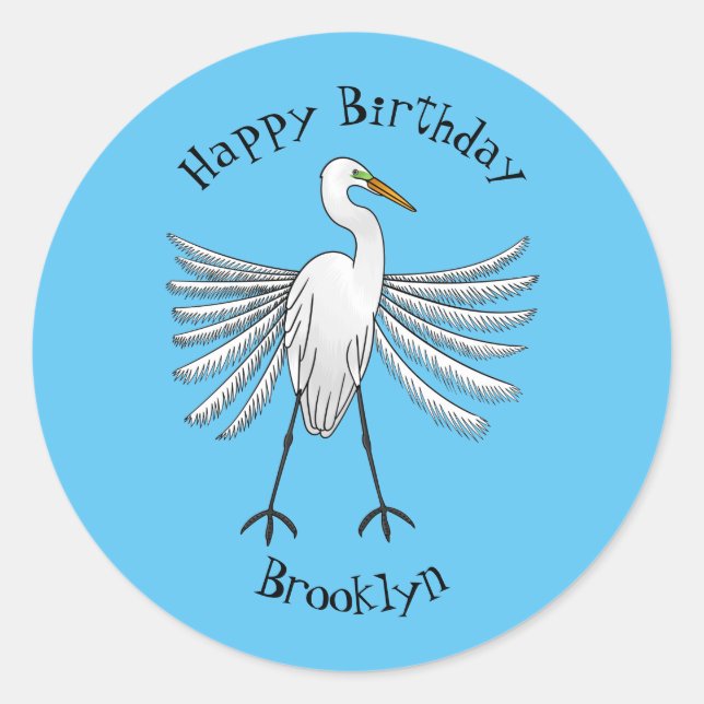 Great egret bird cartoon illustration classic round sticker (Front)