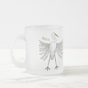Great egret bird cartoon illustration frosted glass coffee mug