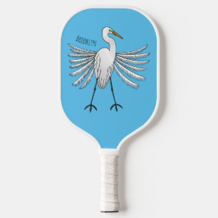 Great egret bird cartoon illustration pickleball paddle