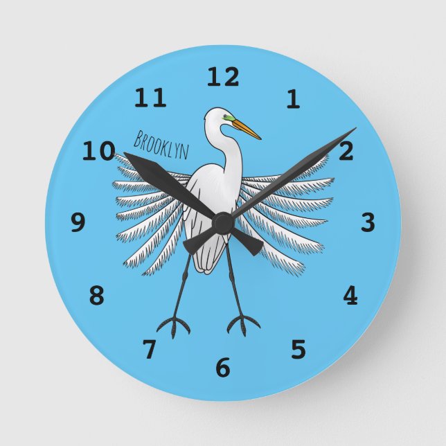 Great egret bird cartoon illustration  round clock (Front)