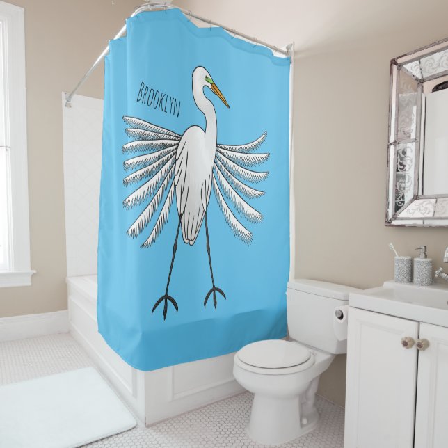 Great egret bird cartoon illustration shower curtain (In Situ)