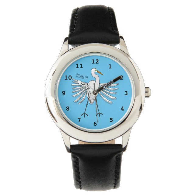 Great egret bird cartoon illustration  watch (Front)