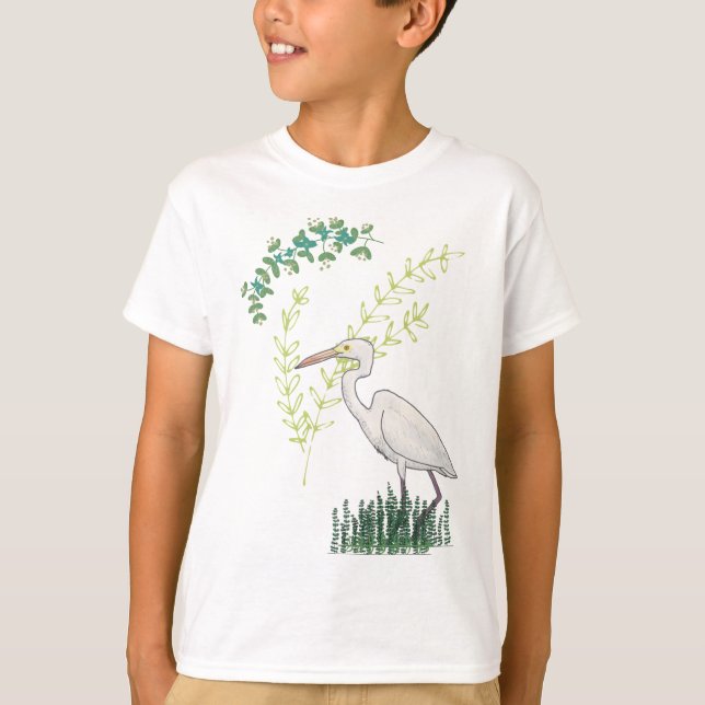 Great Egret floral bird pattern T-Shirt (Front)
