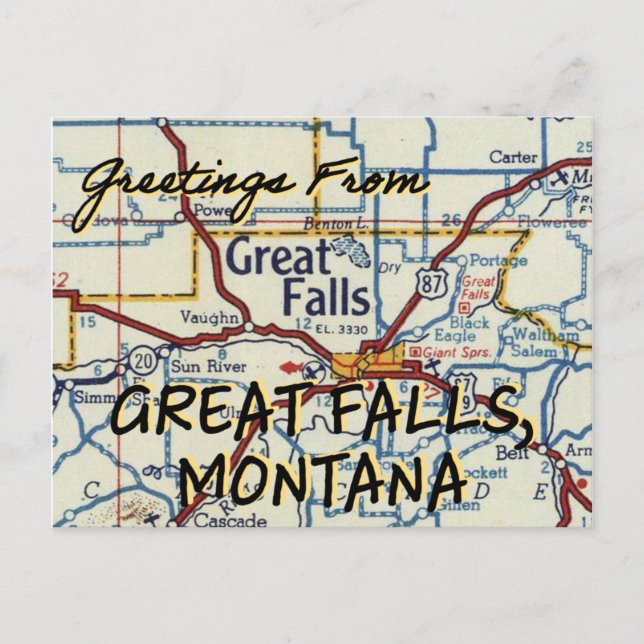 Great Falls MT Vintage Map Postcard (Front)
