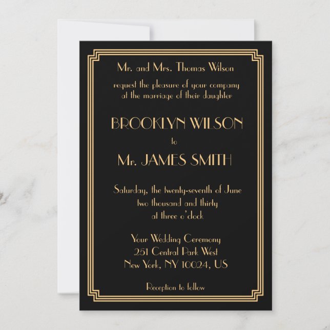 Great Gatsby Art Deco Black Gold Wedding Invites (Front)