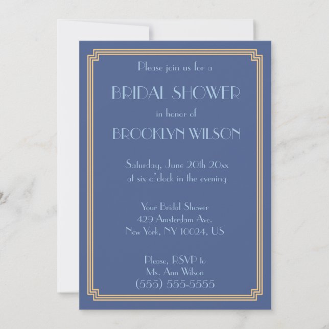 Great Gatsby Art Deco Blue Bridal Shower Invites (Front)