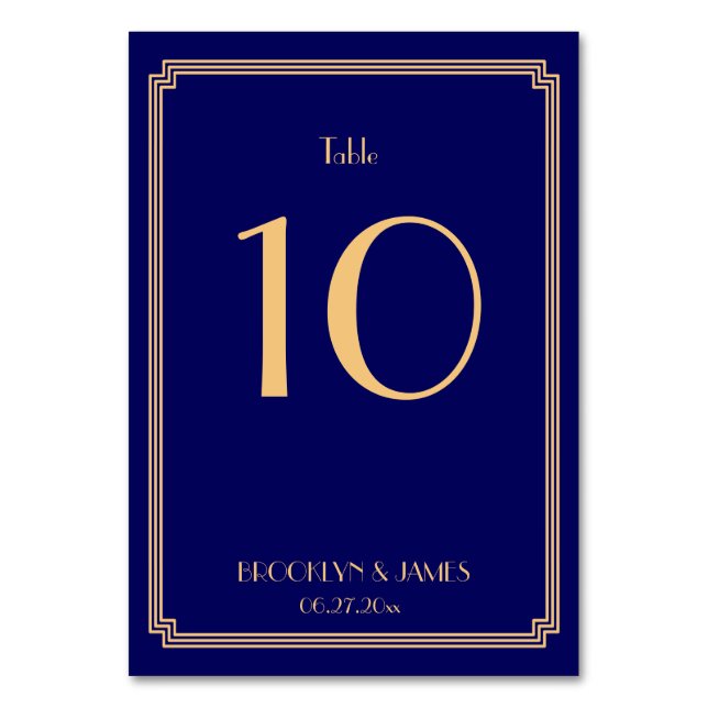Great Gatsby Art Deco Blue Wedding Table Numbers (Front)
