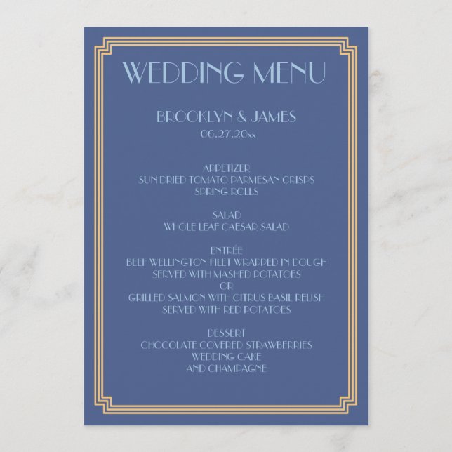 Great Gatsby Art Deco Gold Blue Wedding Menu (Front)
