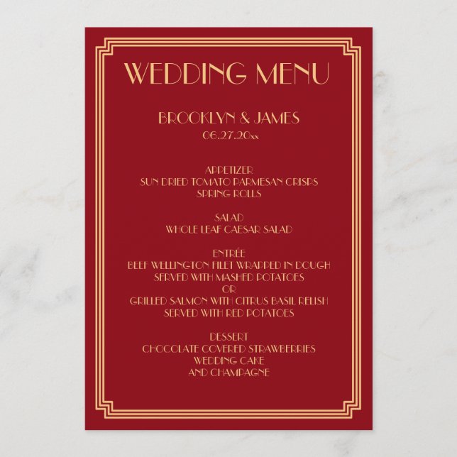 Great Gatsby Art Deco Gold Red Wedding Menu (Front)