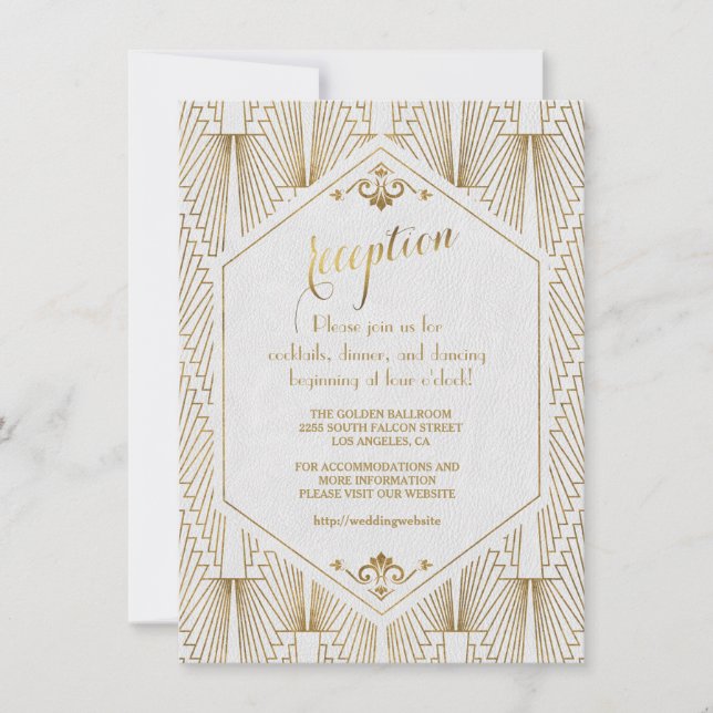Great Gatsby Art Deco Gold White Reception Invitation (Front)
