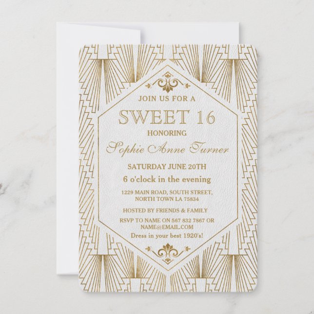 Great Gatsby Art Deco Gold White Sweet 16 Invite (Front)