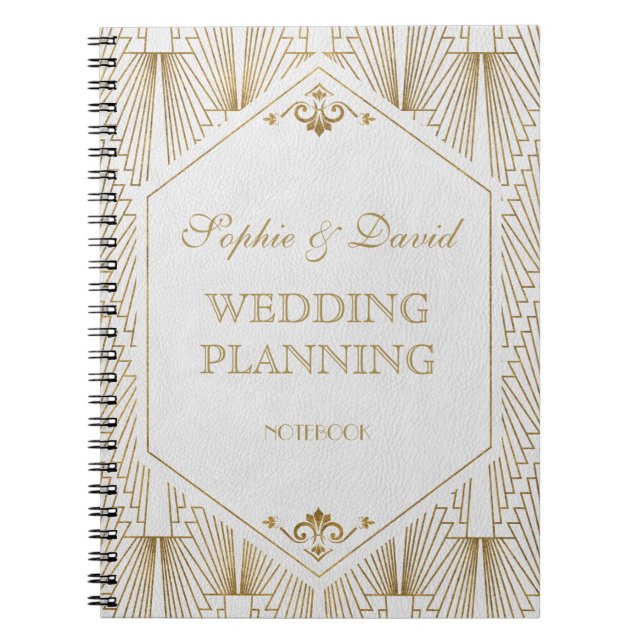 Great Gatsby Art Deco Gold White Wedding Planner Notebook (Front)