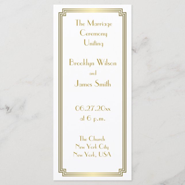Great Gatsby Art Deco Gold White Wedding Programs Programme (Front)
