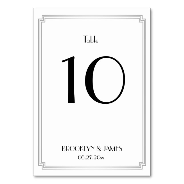 Great Gatsby Art Deco Silver Wedding Table Numbers (Front)