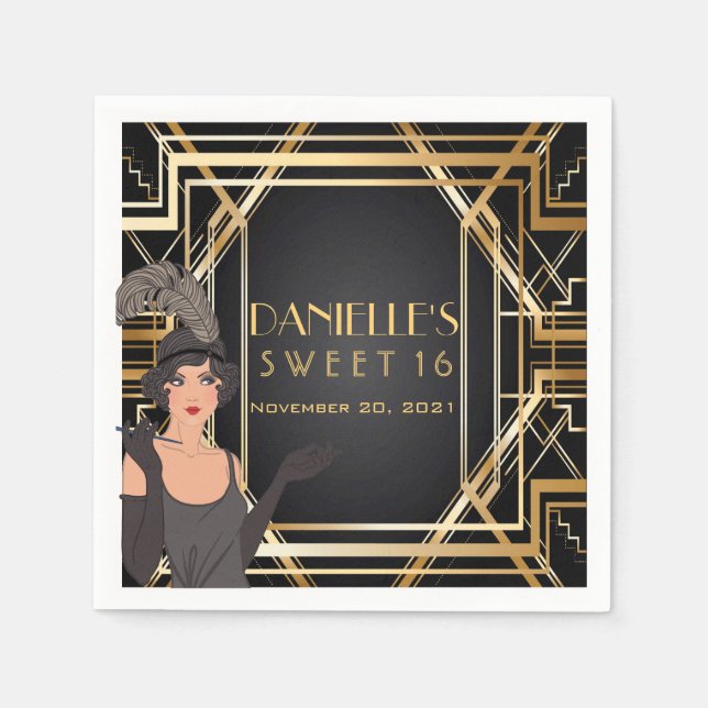 Great Gatsby Art Deco Sweet 16 Personalised Napkin (Front)