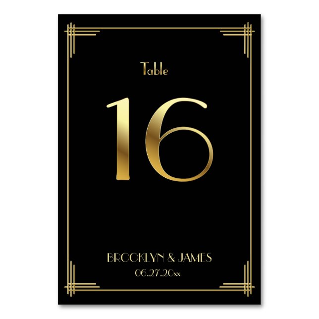Great Gatsby Art Deco Table Number 16 Gold Black (Front)