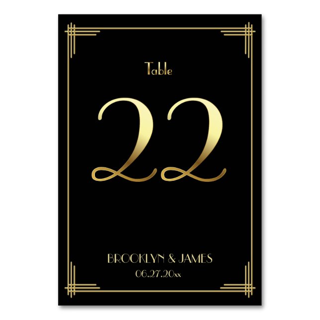 Great Gatsby Art Deco Table Number 22 Gold Black (Front)