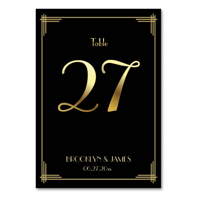 Great Gatsby Art Deco Table Number 27 Gold Black (Front)