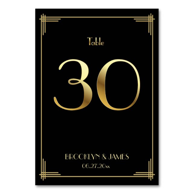Great Gatsby Art Deco Table Number 30 Gold Black (Front)