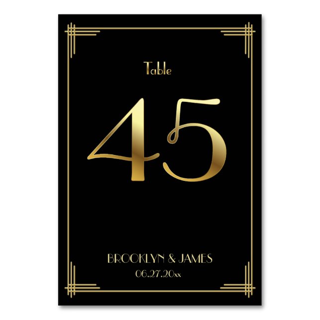Great Gatsby Art Deco Table Number 45 Gold Black (Front)