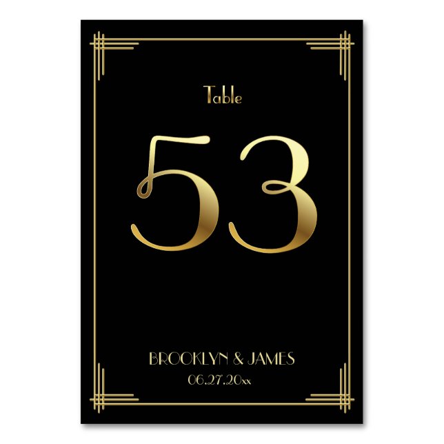 Great Gatsby Art Deco Table Number 53 Gold Black (Front)