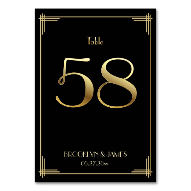 Great Gatsby Art Deco Table Number 58 Gold Black (Front)