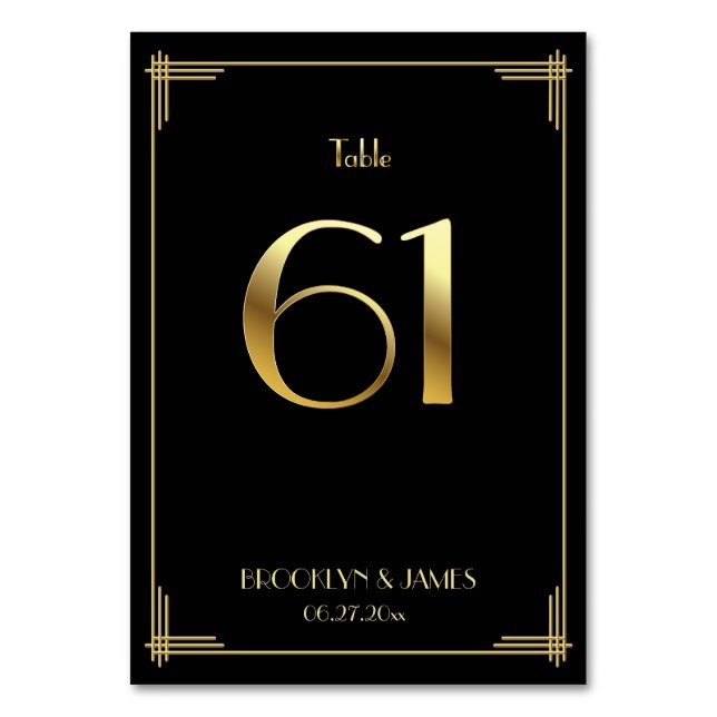 Great Gatsby Art Deco Table Number 61 Gold Black (Front)