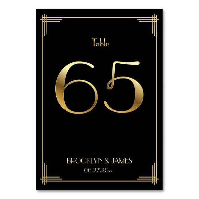 Great Gatsby Art Deco Table Number 65 Gold Black (Front)