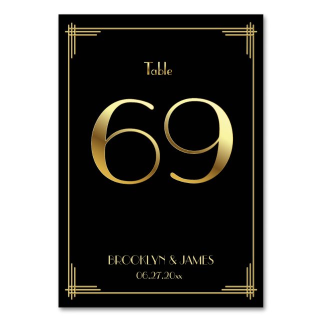 Great Gatsby Art Deco Table Number 69 Gold Black (Front)