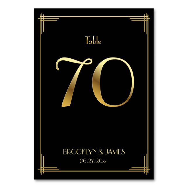 Great Gatsby Art Deco Table Number 70 Gold Black (Front)