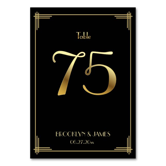 Great Gatsby Art Deco Table Number 75 Gold Black (Front)