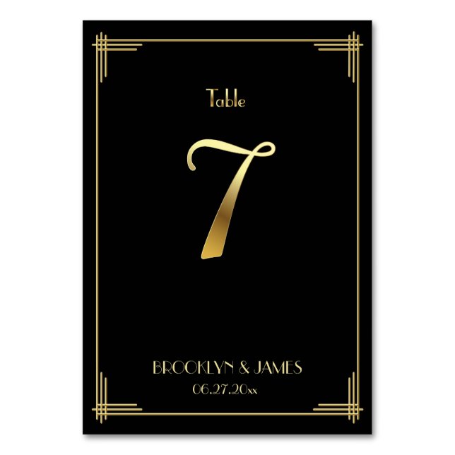 Great Gatsby Art Deco Table Number 7 Gold Black (Front)