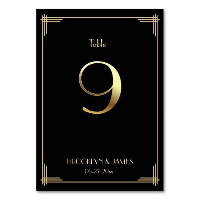 Great Gatsby Art Deco Table Number 9 Gold Black (Front)
