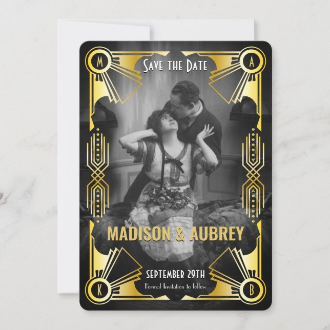 Great Gatsby Art Deco Wedding Gold & Black Photo Save The Date (Front)