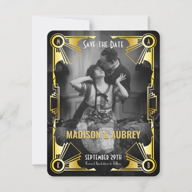 Great Gatsby Art Deco Wedding Gold & Black Photo Save The Date (Front)