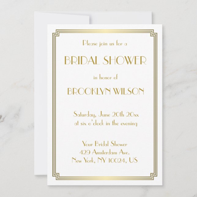 Great Gatsby Art Deco White Bridal Shower Invites (Front)